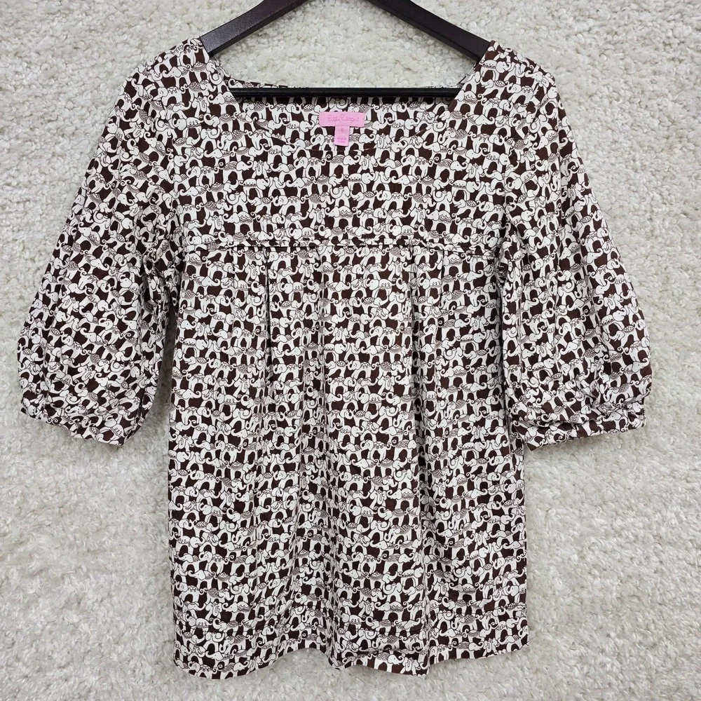 Lilly Pulitzer Top Women's Elephant Print Brown White Size 6 - Picture 1 of 14